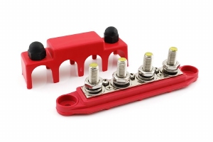 DC Busbar Verdeelrail 250A Rood 4x M8 en 3x M4 met Afdekkap