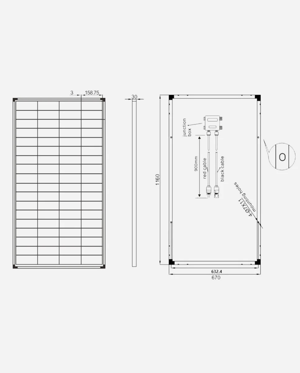 150 Watt 36V Zonnepaneel 9BB PERC Monokristal afm: 1160x670 mm.