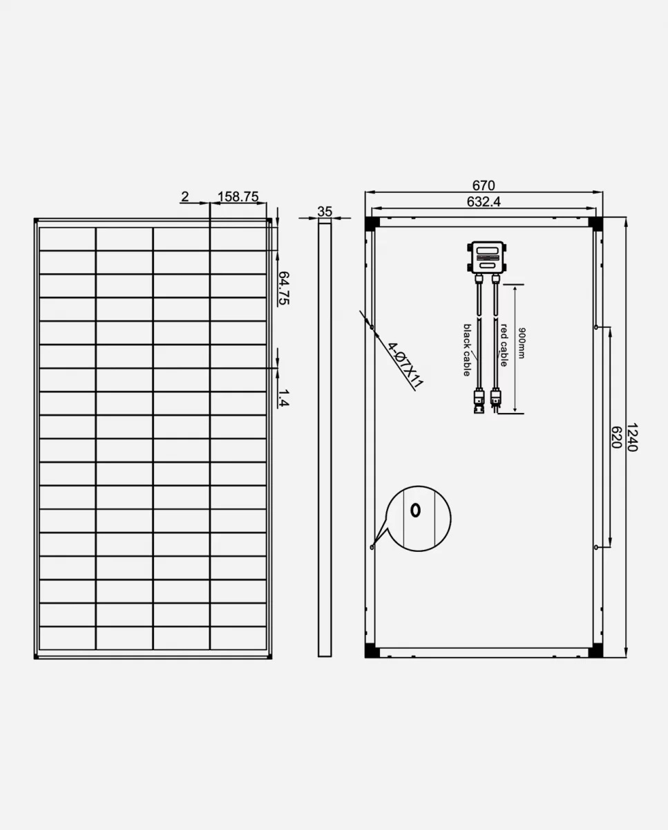 150 Watt 36V Zonnepaneel PERC Monokristal afm: 1240x670 mm.