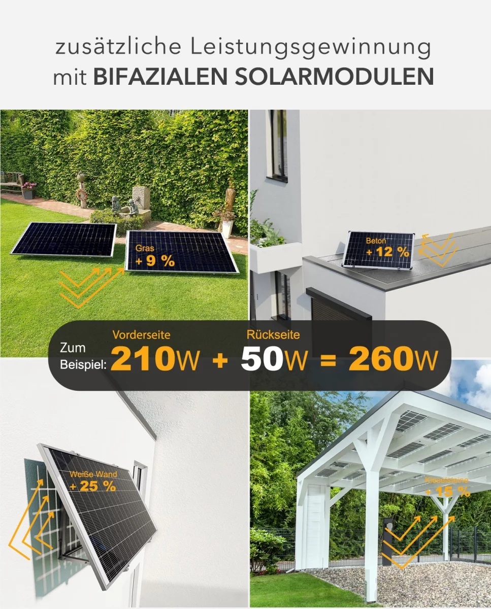 210 Watt Bifacial Glas-Glas Zonnepaneel 10BB PERC Monokristal afm: 1310x765 mm.