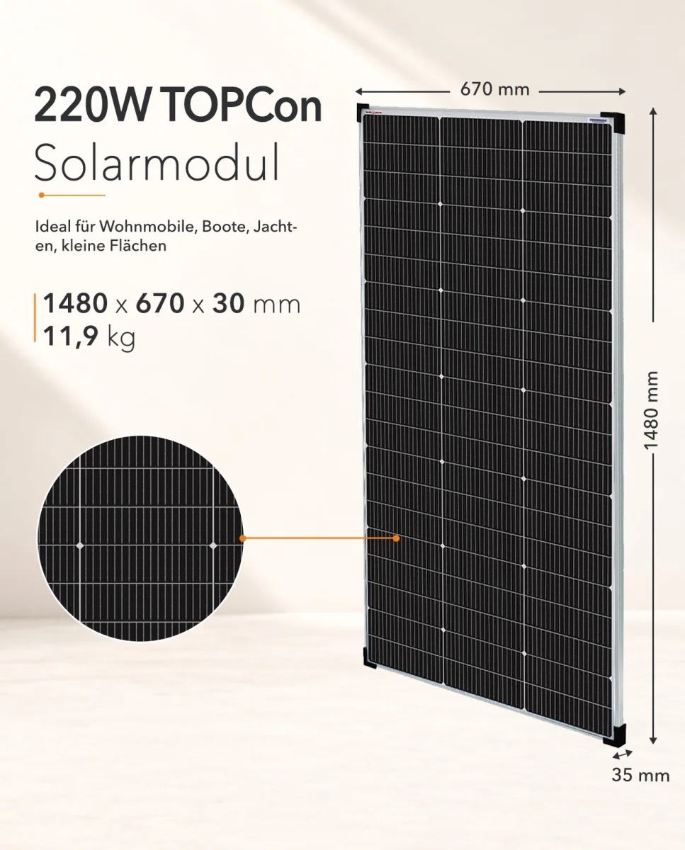 220 Watt 36 volt Zonnepaneel TOPCon Zilver Frame 18BB Mono afm: 1480x670 mm. (verwacht week 45)