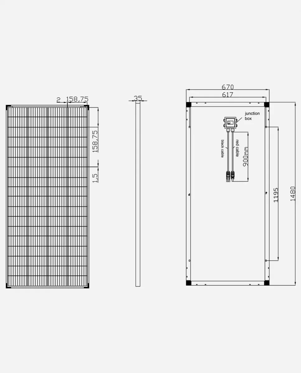 200 Watt 36V Zonnepaneel 9BB PERC Mono afm: 1480x670 mm.