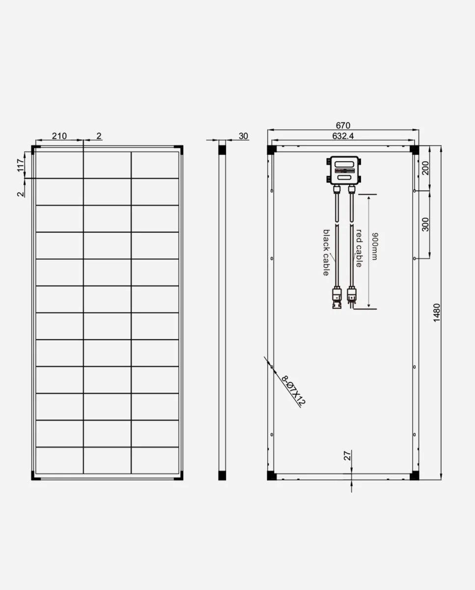 200 Watt Zonnepaneel 10BB PERC Monokristal afm: 1480x670 mm.