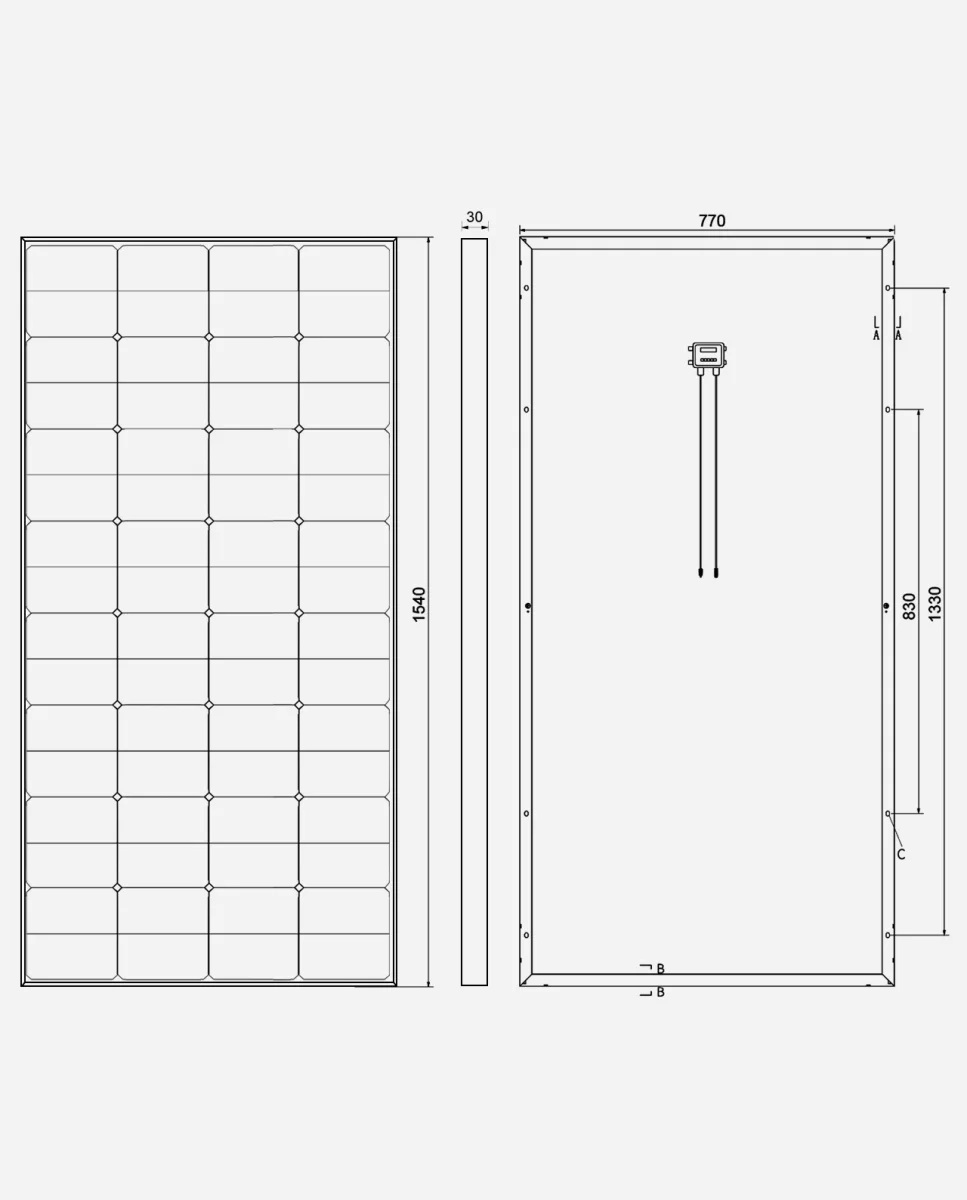 230 Watt Zonnepaneel HPBC All Black 10BB PERC Back Contact Monokristal afm: 1540x770 mm.