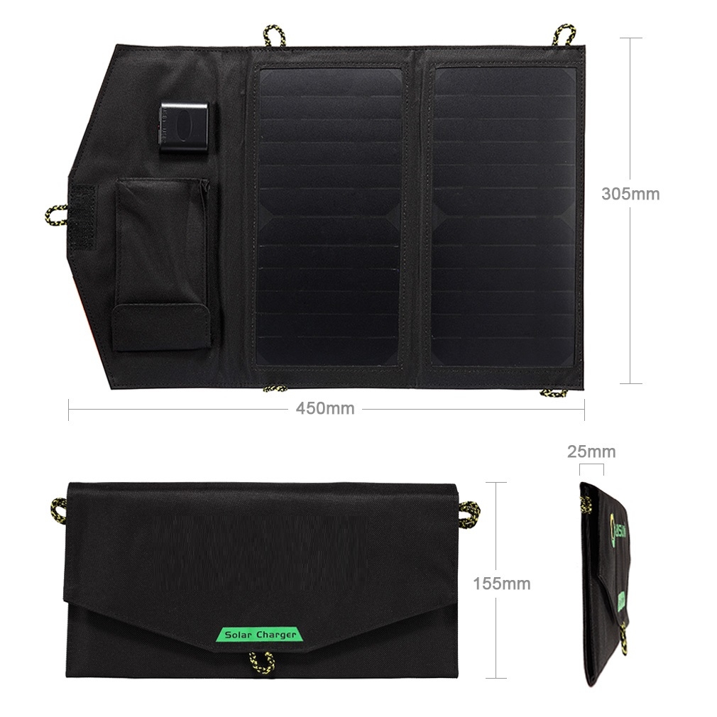 12 Watt Zonnepaneel USB Solarlader Powerbank, Telefoon Oplader Zwart