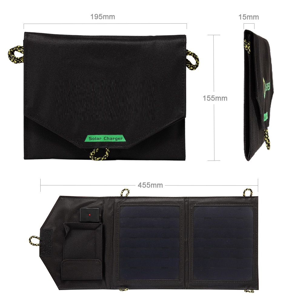 7 Watt Zonnepaneel USB Solarlader Powerbank, Telefoon Oplader Zwart