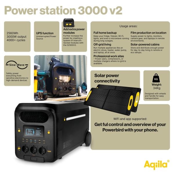 Aqiila Powerbird S3000 v2 Powerstation 2560Wh (2,5kWh) AC 230V 3000W (5000W piek) (verwacht week 27)