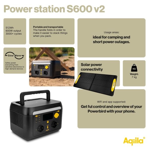 Aqiila Powerbird S600 v2 Powerstation 512Wh (0,5kWh) AC Stopcontact 230V 600W (1000W piek)
