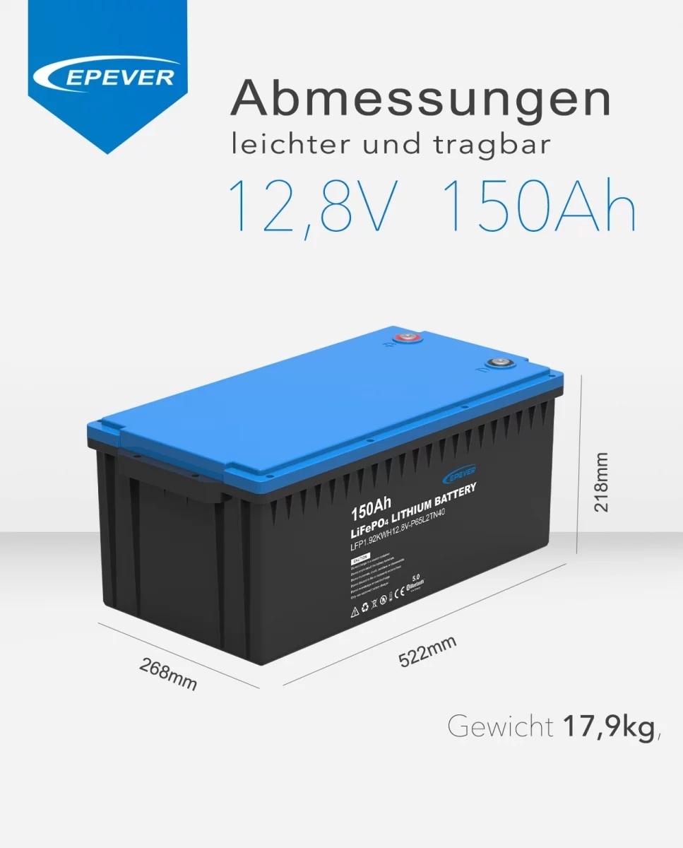 EPEVER® LiFePO4 Batterij Geïntegreerde BMS, Bluetooth, APP, Heating Module 12,8V 150Ah 1.920Wh