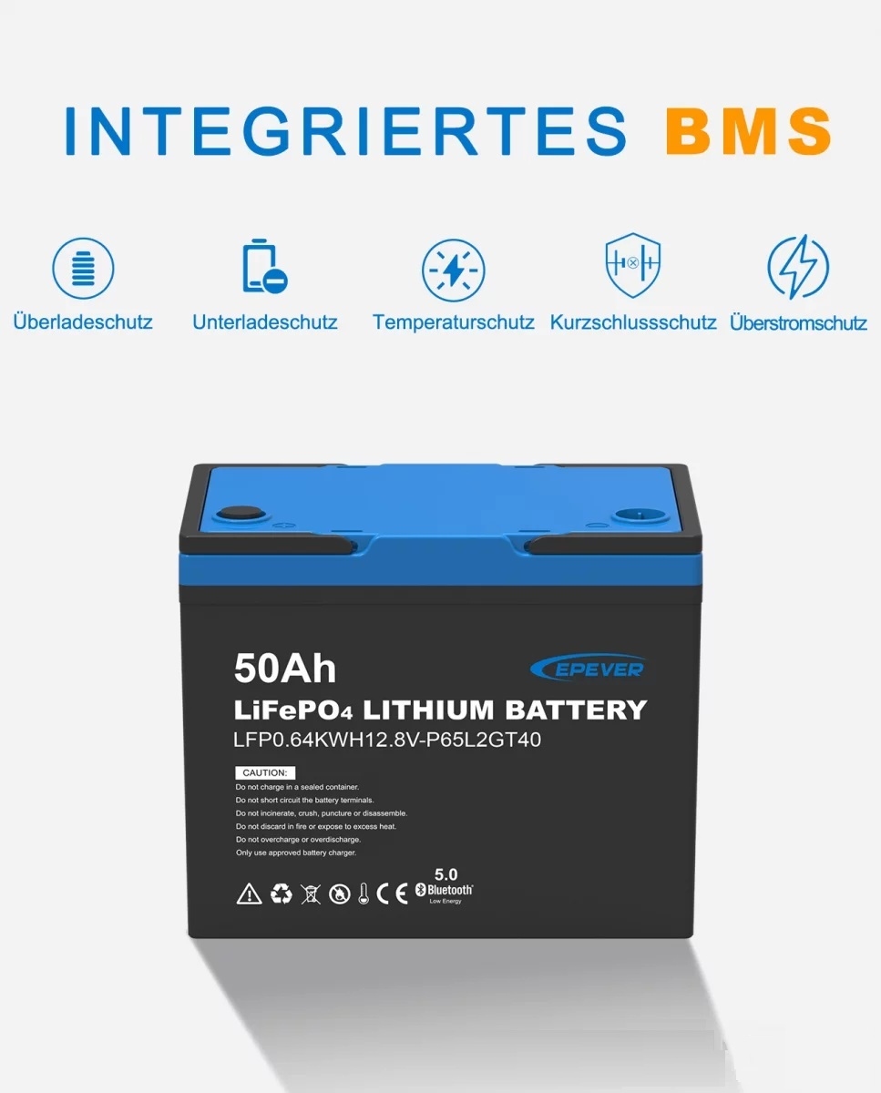 EPEVER® LiFePO4 Batterij Geïntegreerde BMS, Bluetooth, APP, Heating Module 12,8V 50Ah 640Wh