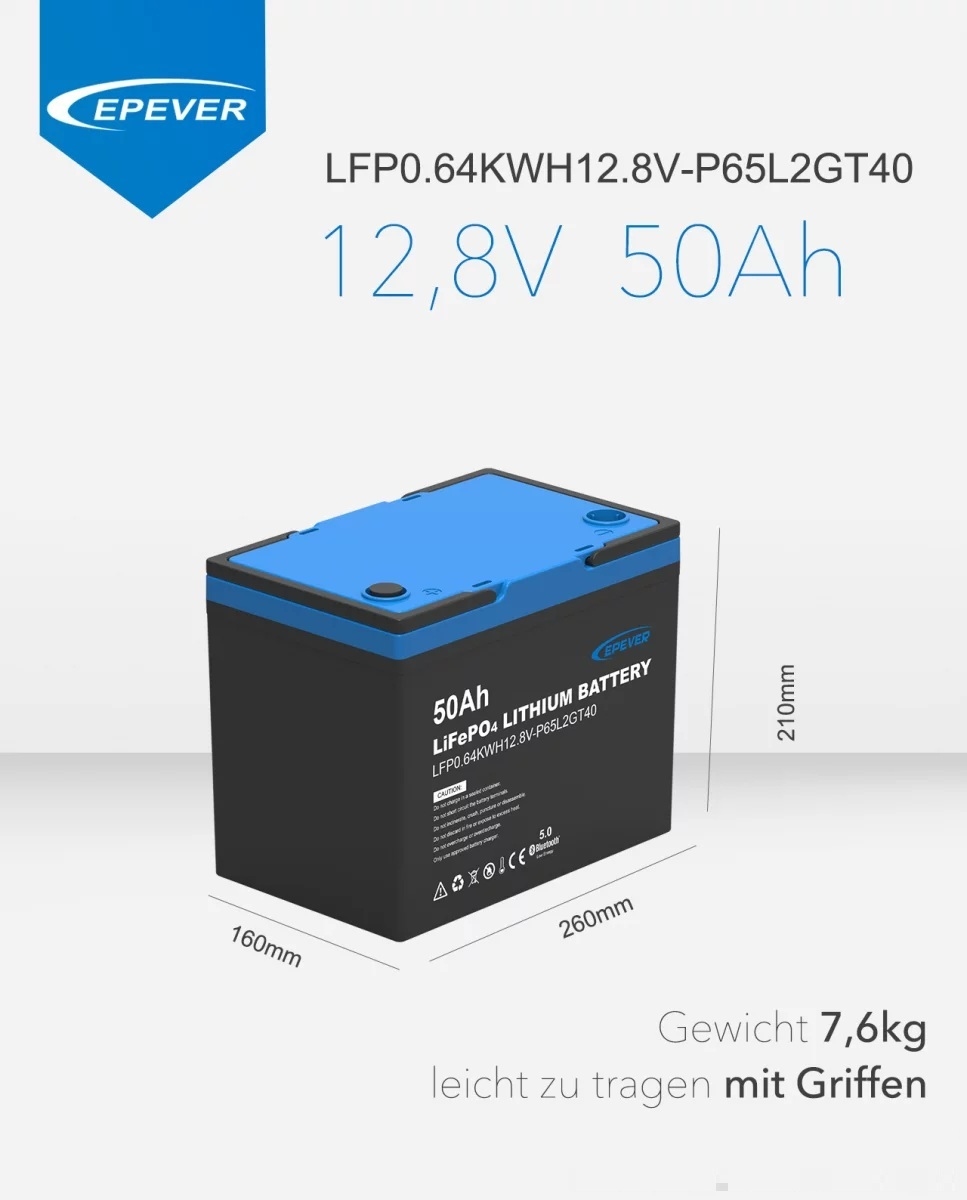 EPEVER® LiFePO4 Batterij Geïntegreerde BMS, Bluetooth, APP, Heating Module 12,8V 50Ah 640Wh